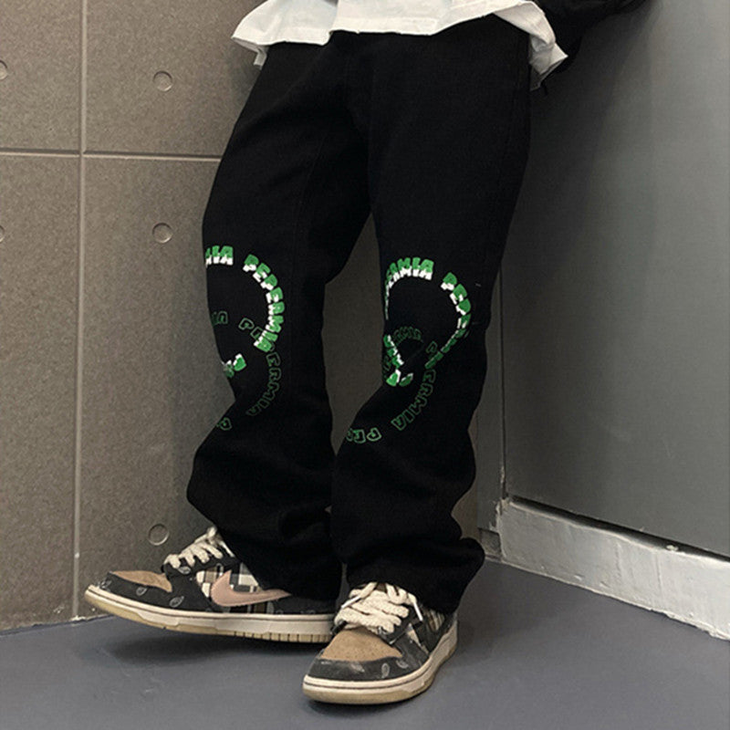 Men's Straight Loose-Fitting Wide-Leg Letter Jeans