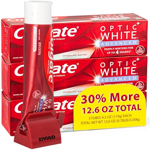 Optic White Advanced Teeth Whitening Toothpaste White 2% Hydrogen Peroxide Toothpaste Sparkling White 3 Large Tubes of 4.2 oz (Total 12.6 oz) + Zivigo Toothpaste Squeezer
