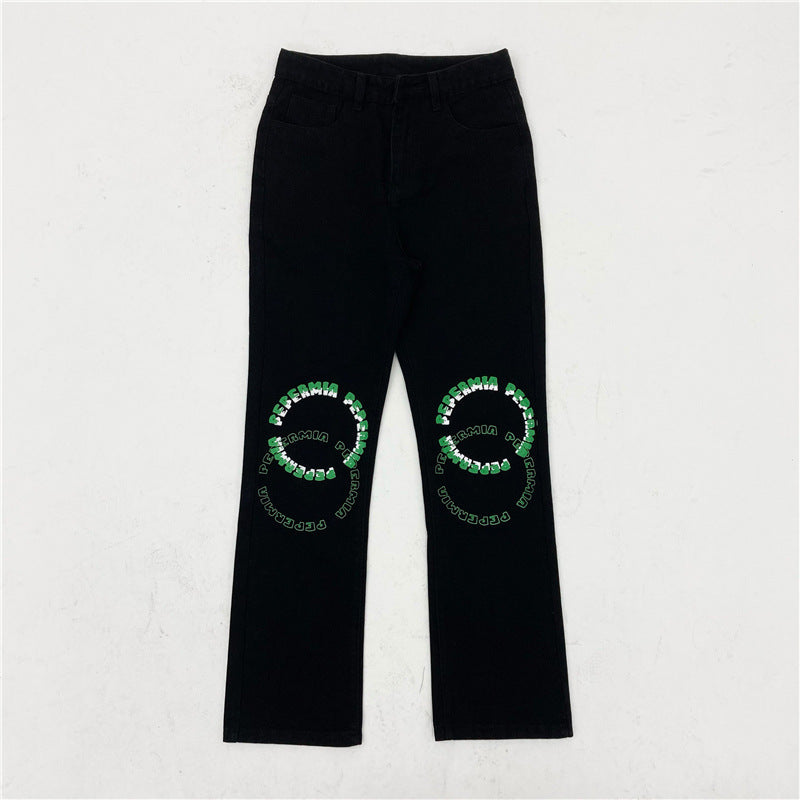 Men's Straight Loose-Fitting Wide-Leg Letter Jeans