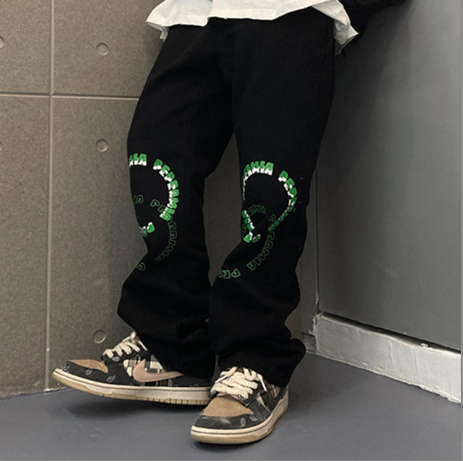 Men's Straight Loose-Fitting Wide-Leg Letter Jeans